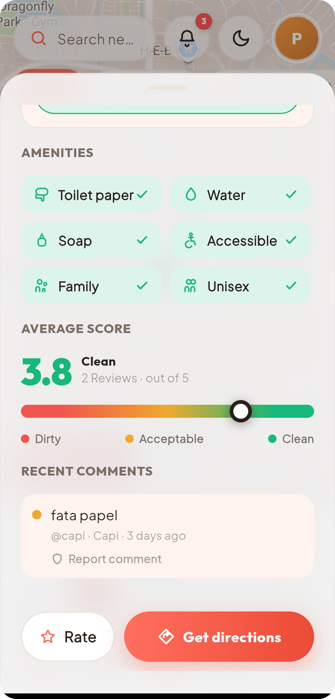 Detalle de un baño en Flushy: servicios, puntuación promedio y comentarios