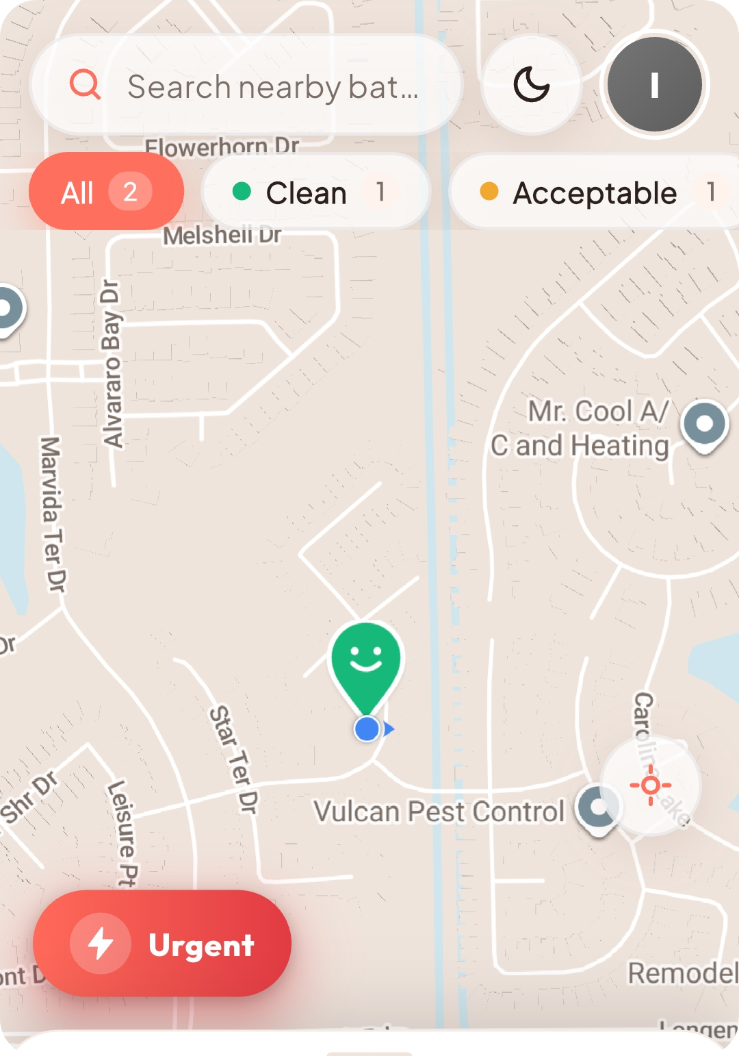 App Flushy mostrando un mapa con baños cercanos y pines de color