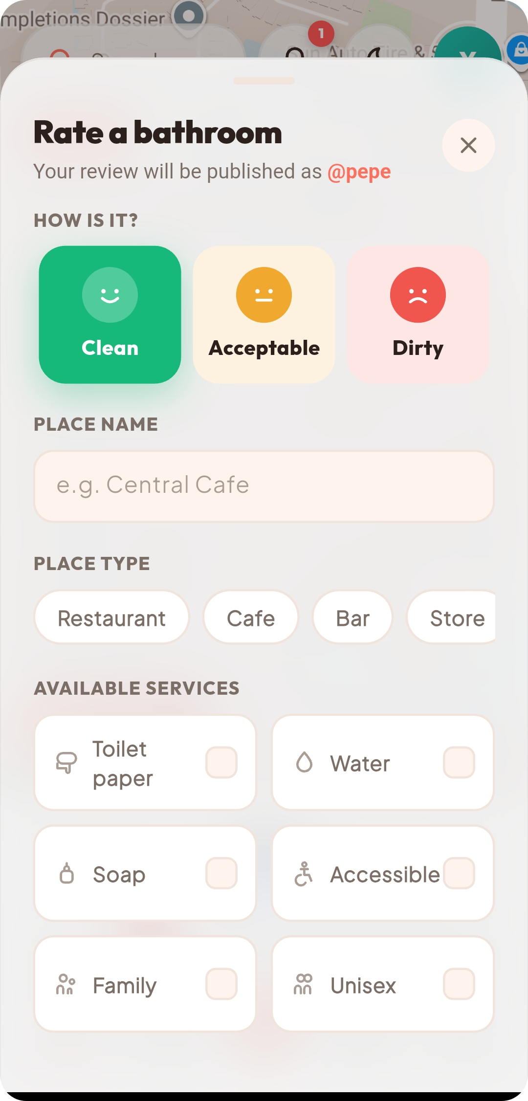 Pantalla para calificar un baño en Flushy
